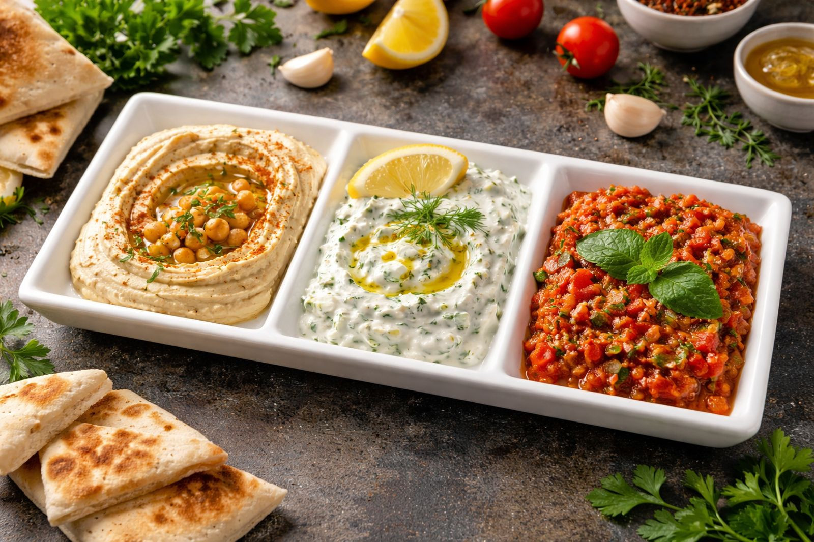 Mixed Turkish appetizers platter with hummus, ezme and yogurt dips