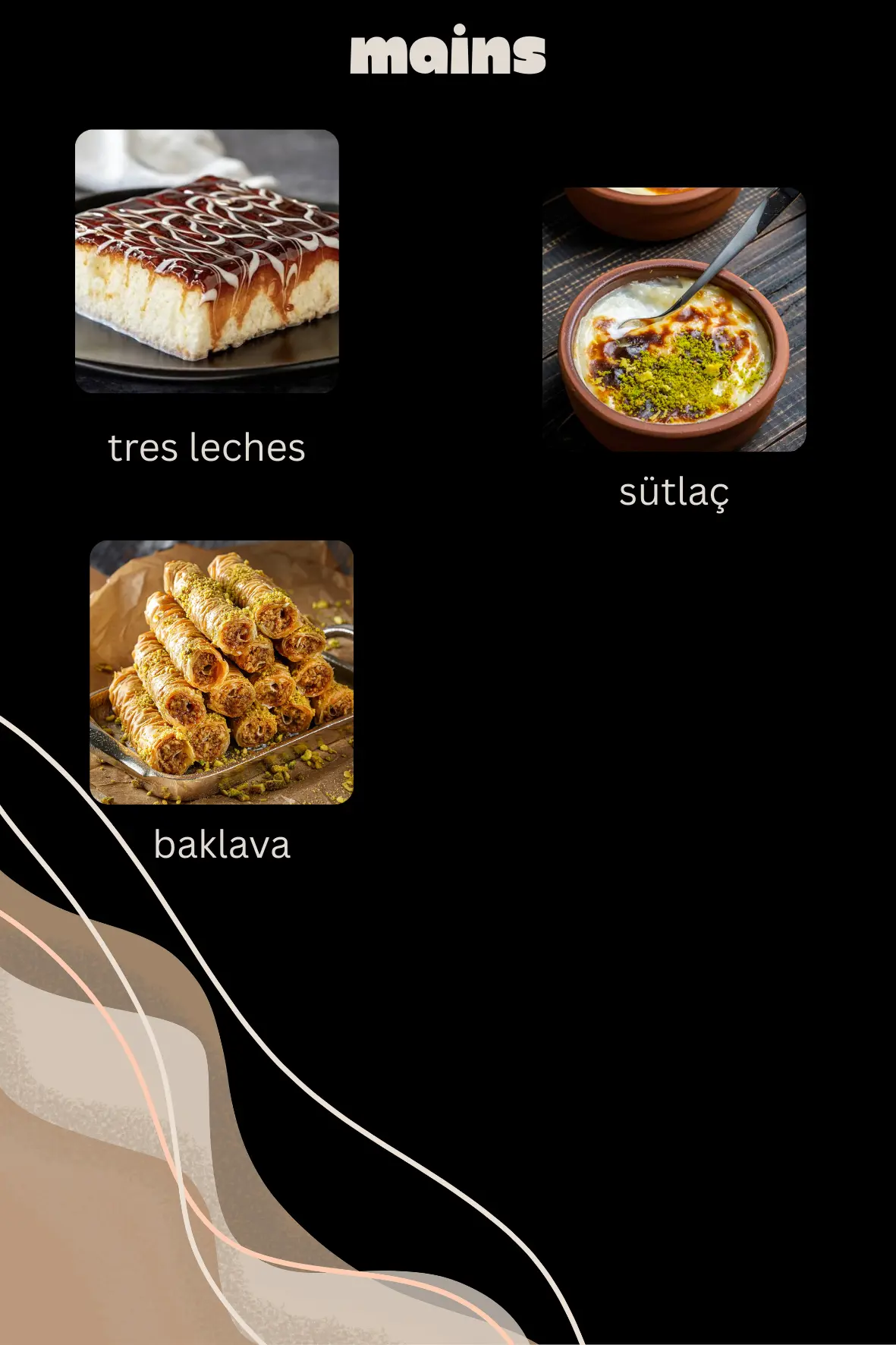 Turkish desserts including baklava, sutlac and tres leches at Elite Turkish Cuisine